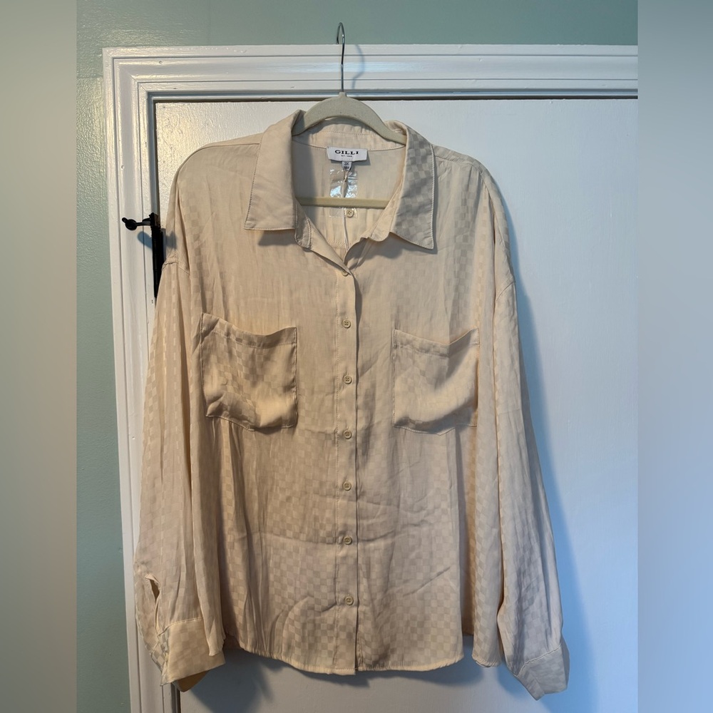 Cream Checkered Blouse Button Down Top